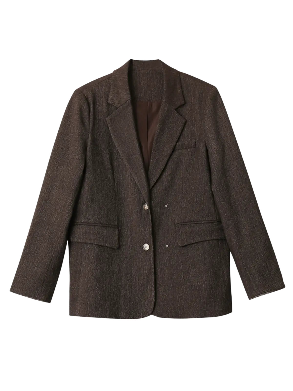 Brown textured women loose casual office blazer with subtle pattern and two front buttons in soft fabric
