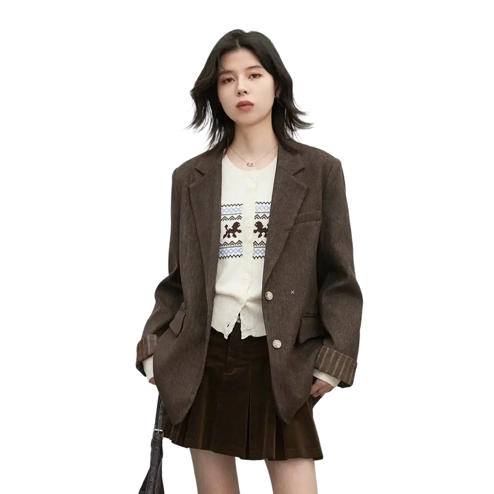 Brown textured women loose casual office blazer with subtle pattern and ribbed cuffs for stylish professional wear