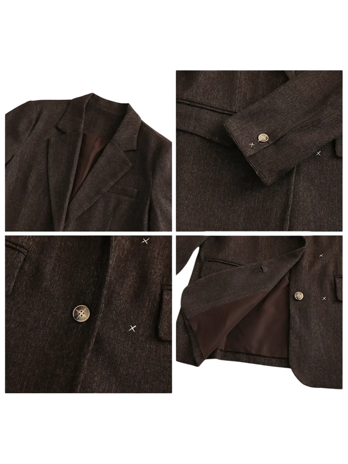 Brown textured women loose casual office blazer in dark brown with subtle woven pattern and metallic buttons