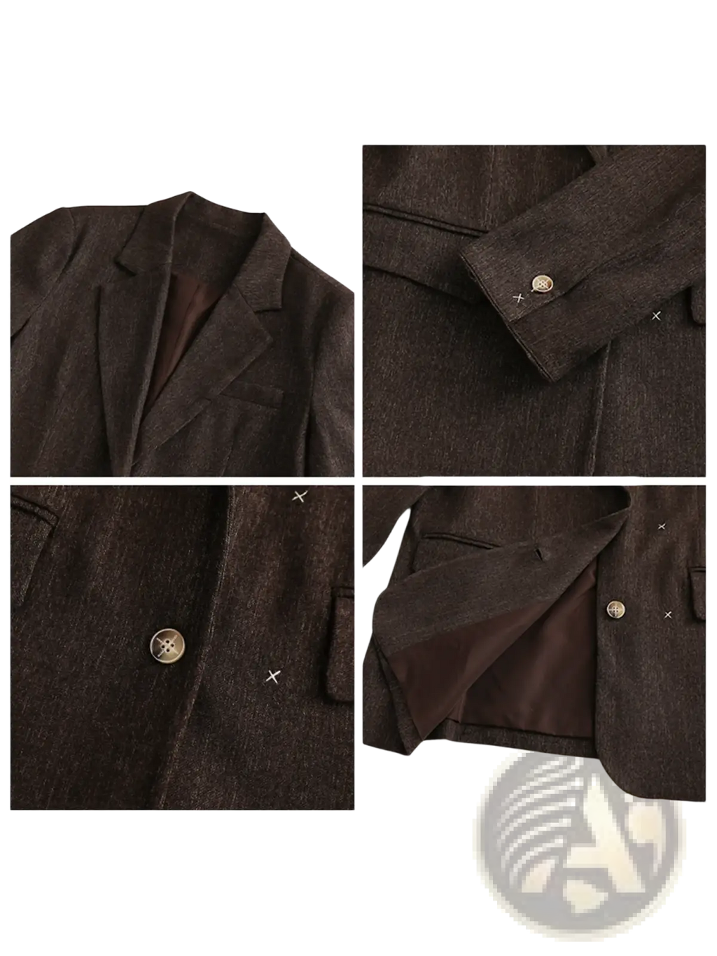 Brown textured women loose casual office blazer in dark brown with subtle woven pattern and metallic buttons