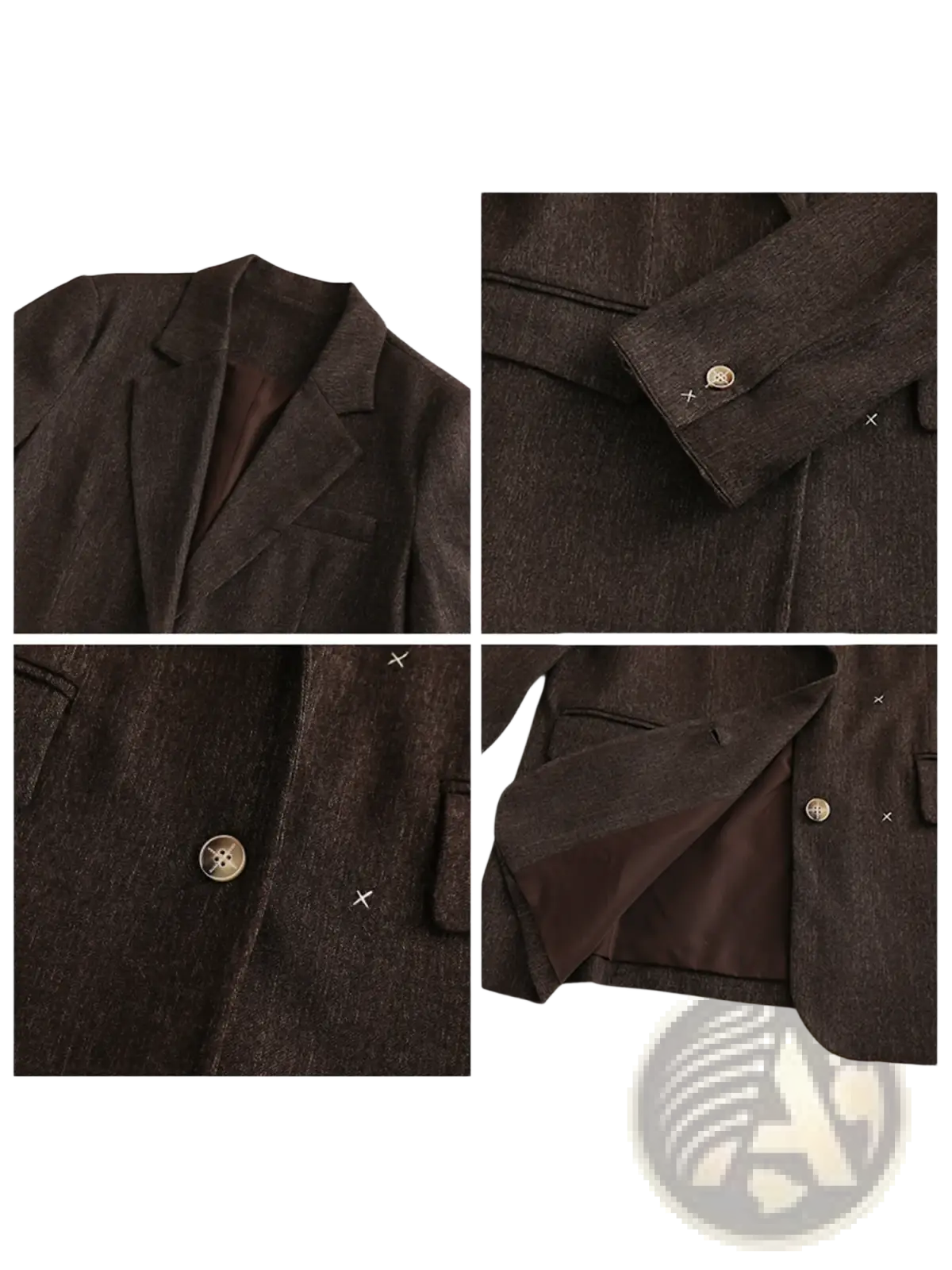 Brown textured women loose casual office blazer in dark brown with subtle woven pattern and metallic buttons