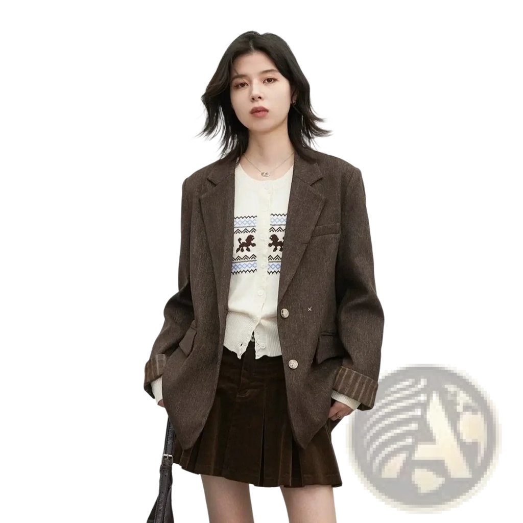 Brown textured women loose casual office blazer with subtle pattern and ribbed cuffs for stylish professional wear