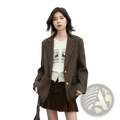Brown textured women loose casual office blazer with subtle pattern and ribbed cuffs for stylish professional wear