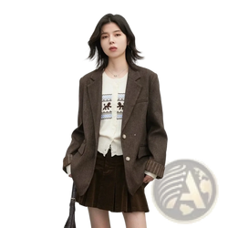 Brown textured women loose casual office blazer with subtle pattern and ribbed cuffs for stylish professional wear
