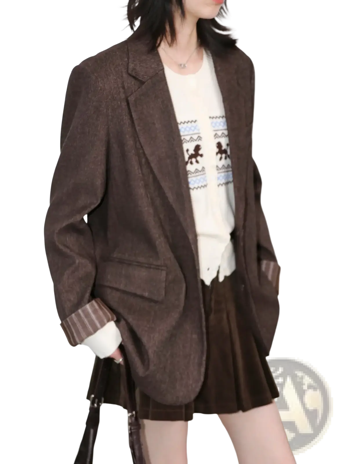 Brown textured women loose casual office blazer with relaxed fit and striped cuffs in brown fabric