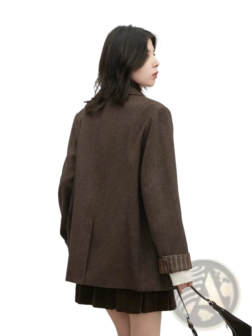 Brown textured women loose casual office blazer with striped cuffs and cream-colored inner lining visible