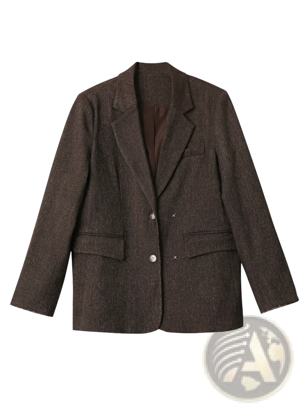 Brown textured women loose casual office blazer with subtle pattern and two front buttons in soft fabric