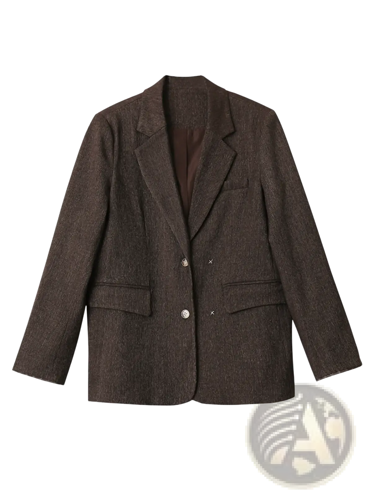 Brown textured women loose casual office blazer with subtle pattern and two front buttons in soft fabric