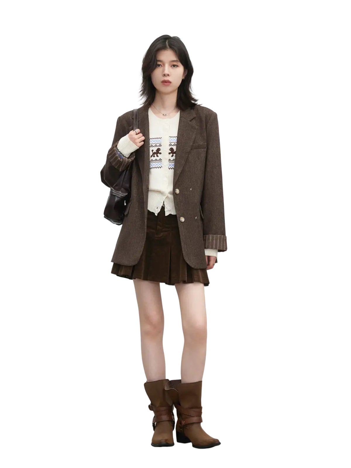 Brown textured women loose casual office blazer made of brown suede with ribbed cuffs and front buttons