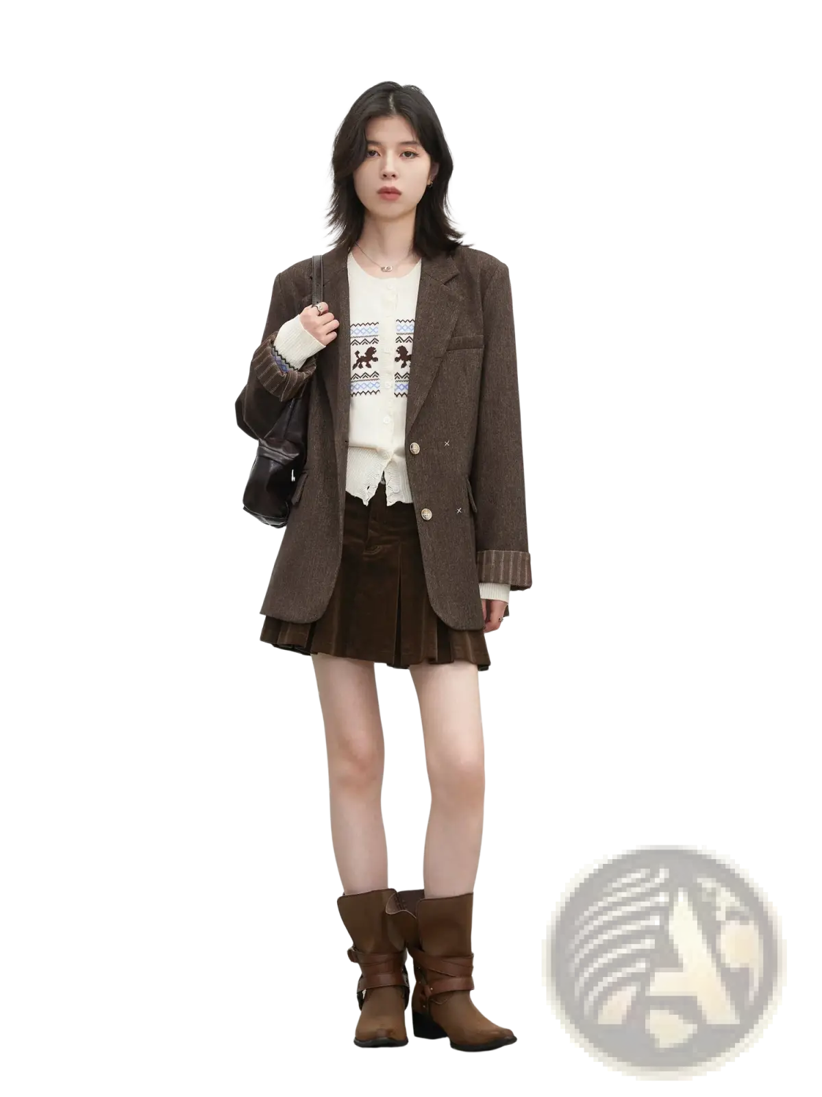Brown textured women loose casual office blazer made of brown suede with ribbed cuffs and front buttons