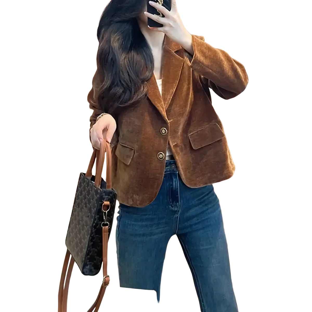 Brown velvet blazer for women featuring gold toned buttons and flap pockets in a rich brown velvet fabric