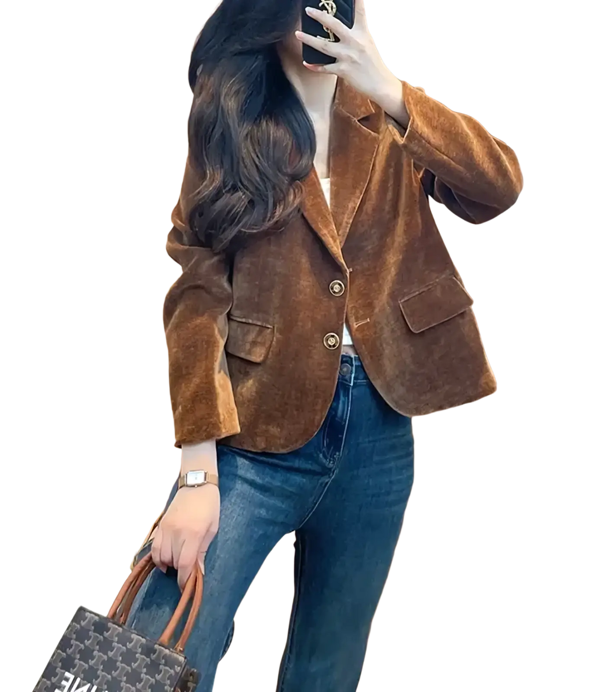Brown velvet blazer for women featuring gold-toned buttons and flap pockets in a rich brown velvet fabric