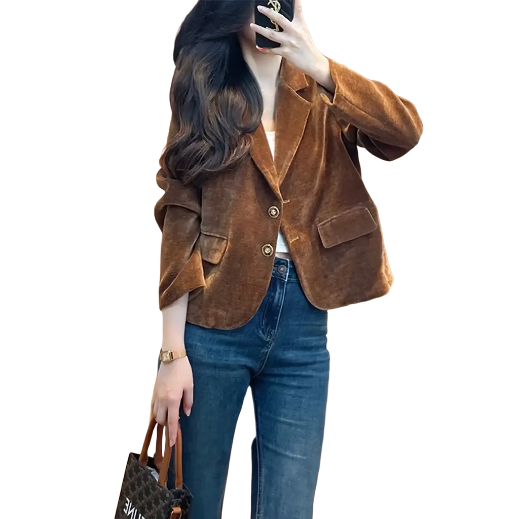 Brown velvet blazer for women with two front buttons and patch pockets in a rich brown velvet fabric