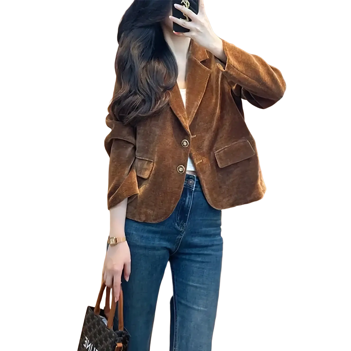 Brown velvet blazer for women with two front buttons and patch pockets in a rich brown velvet fabric