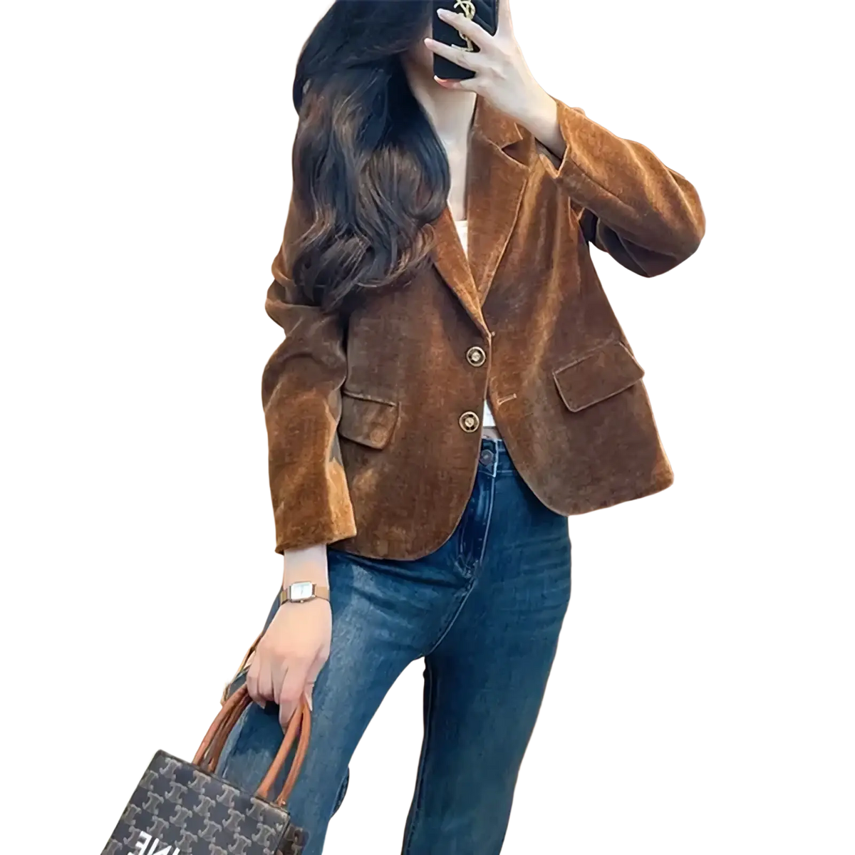 Brown velvet blazer for women featuring a cozy brown corduroy fabric and classic double-breasted design