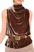 Brown velvet slouchy sleeveless top with high draped neckline and peplum hem for elegant wear