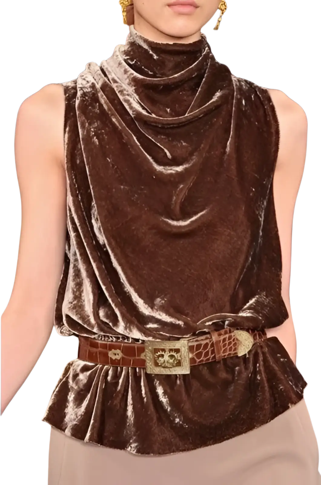 Brown velvet slouchy sleeveless top with high draped neckline and peplum hem for elegant wear