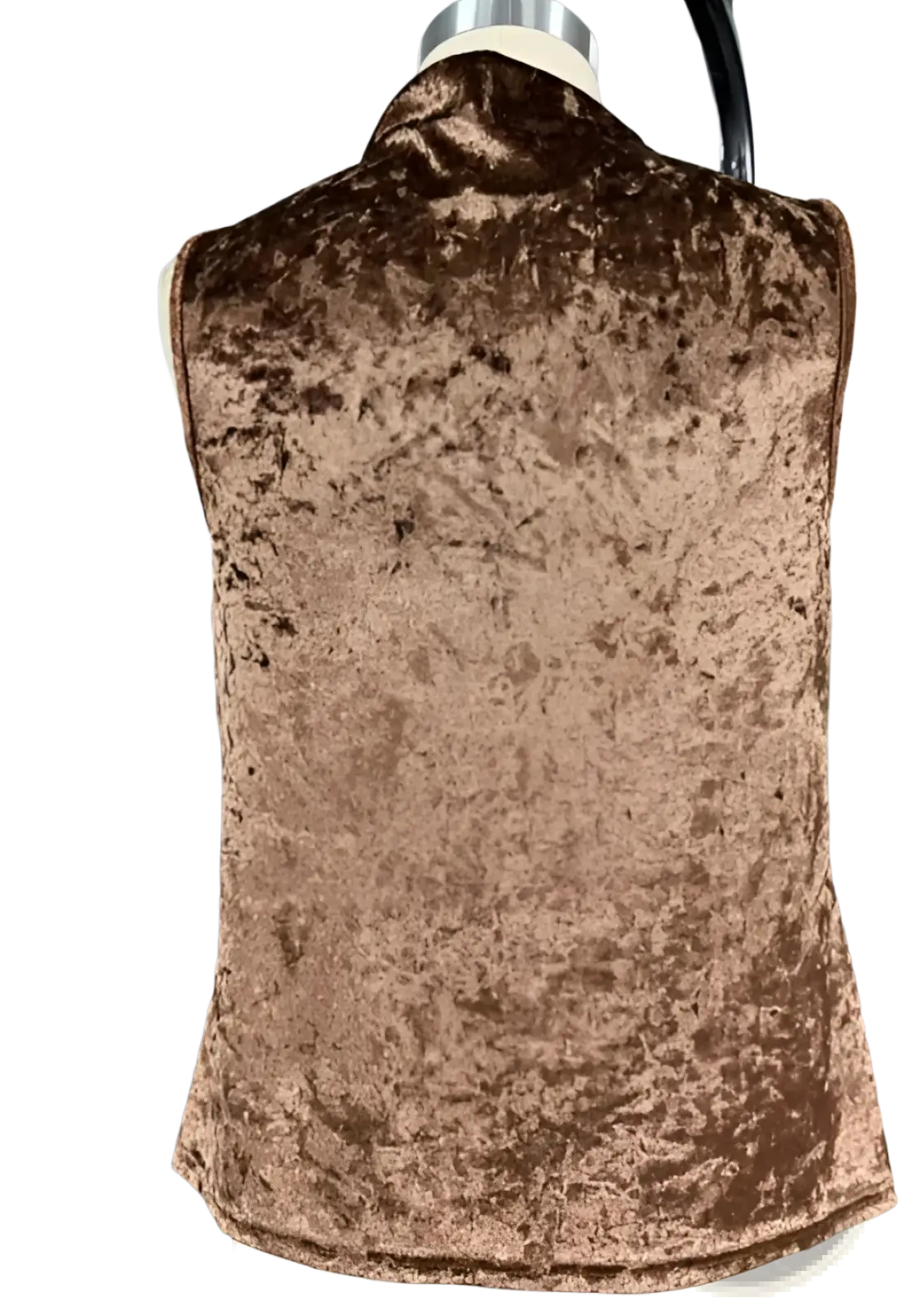 Brown velvet slouchy sleeveless top in bronze color with high collar and subtle texture in velvet material
