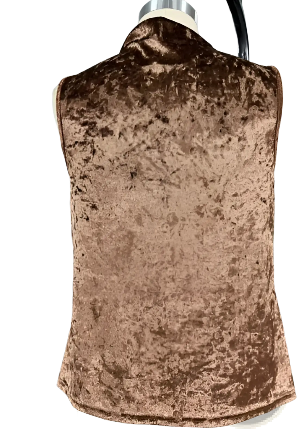 Brown velvet slouchy sleeveless top in bronze color with high collar and subtle texture in velvet material
