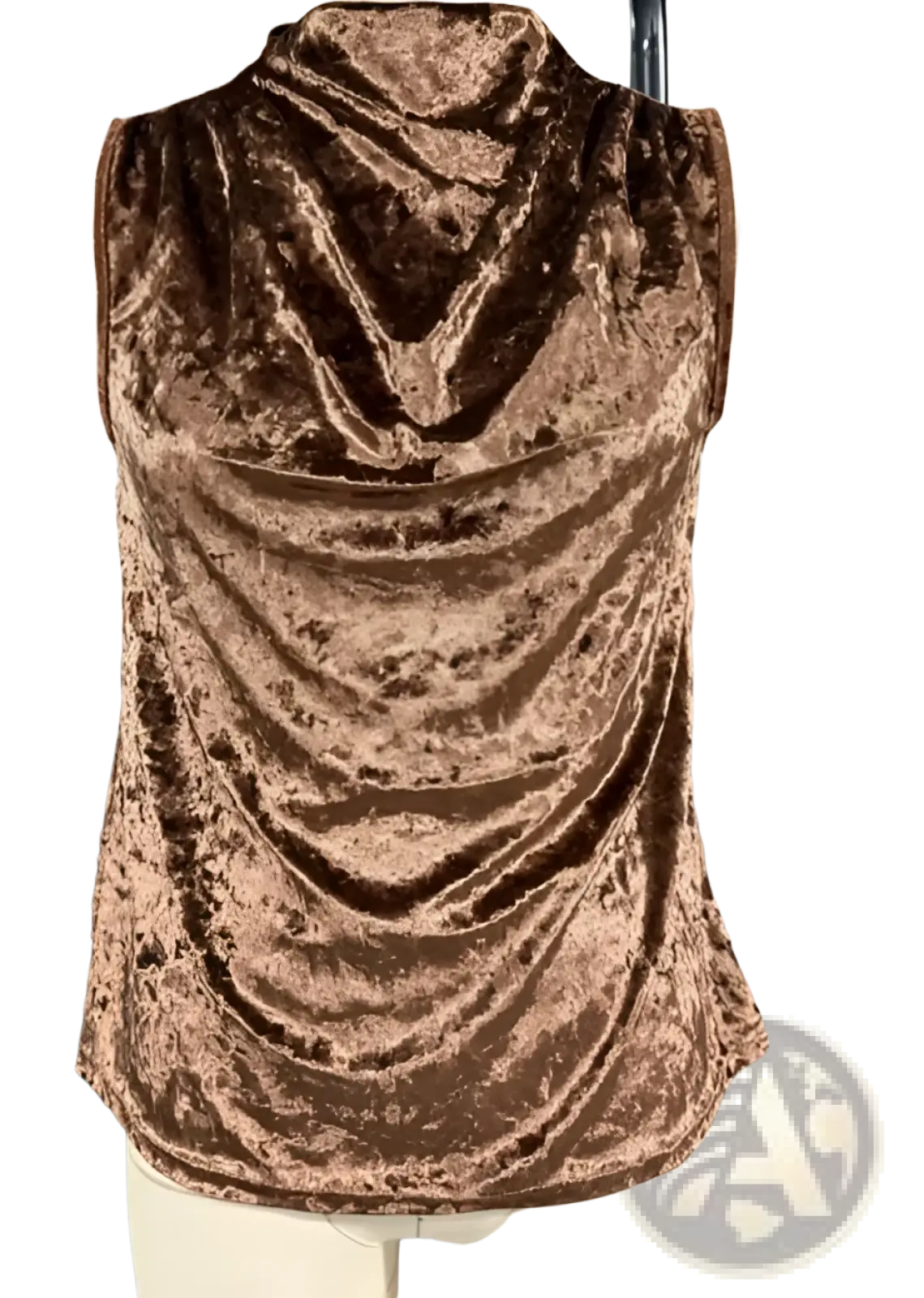 A rich brown velvet sleeveless top with a draped high neckline designed for a slouchy fit