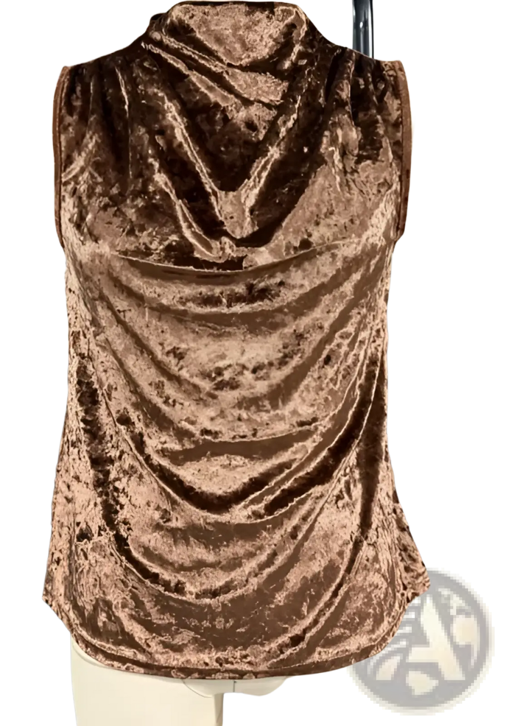 A rich brown velvet sleeveless top with a draped high neckline designed for a slouchy fit