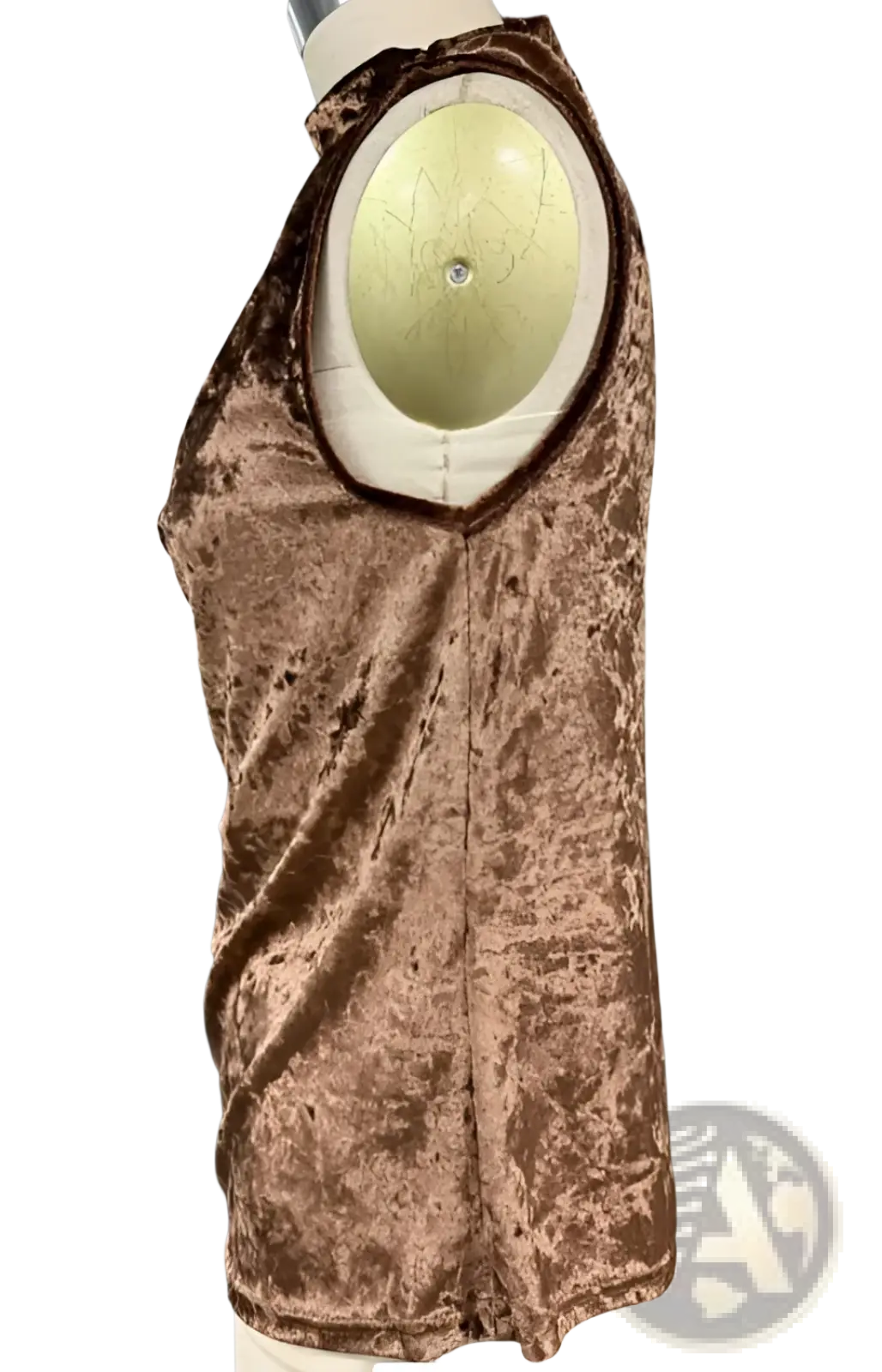 Brown velvet slouchy sleeveless top with rounded neckline and subtle texture in soft velvet fabric