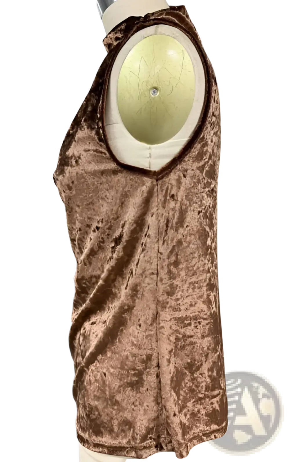 Brown velvet slouchy sleeveless top with rounded neckline and subtle texture in soft velvet fabric
