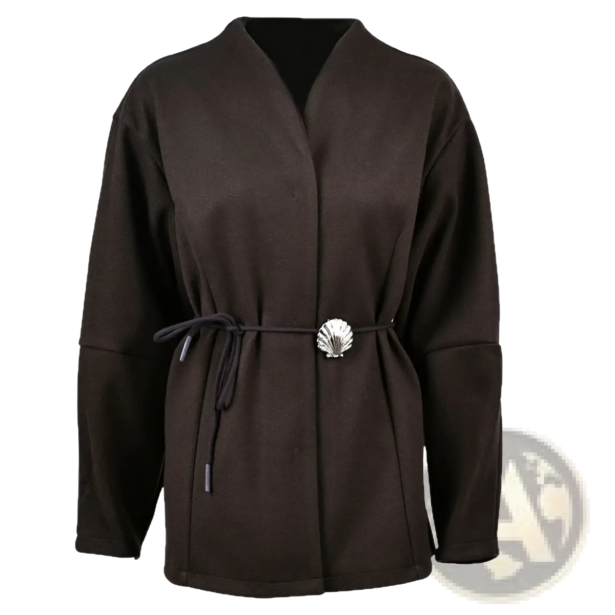 Brown wool belted coat with long sleeves and a silver shell-shaped buckle for stylish outerwear