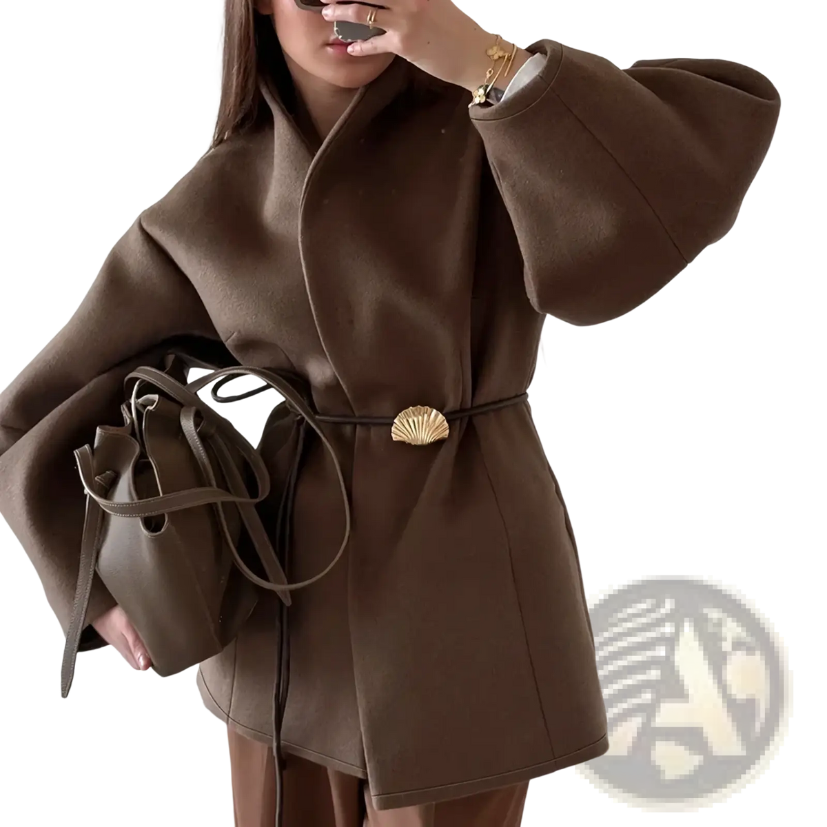 Brown wool belted coat featuring a gold shell-shaped belt buckle and wide puffed sleeves