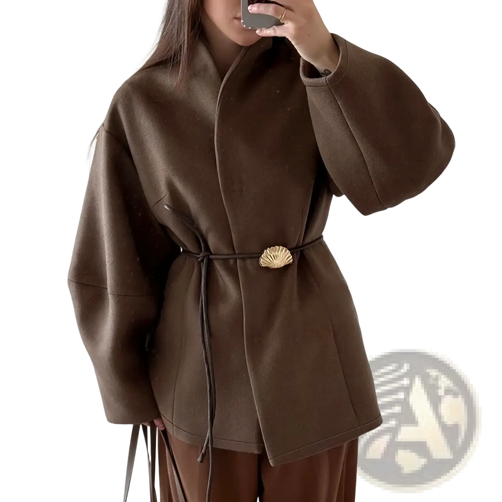 Brown wool belt coat featuring a shell-shaped gold belt buckle, combining warmth and elegant design
