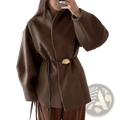 Brown wool belt coat featuring a shell-shaped gold belt buckle, combining warmth and elegant design
