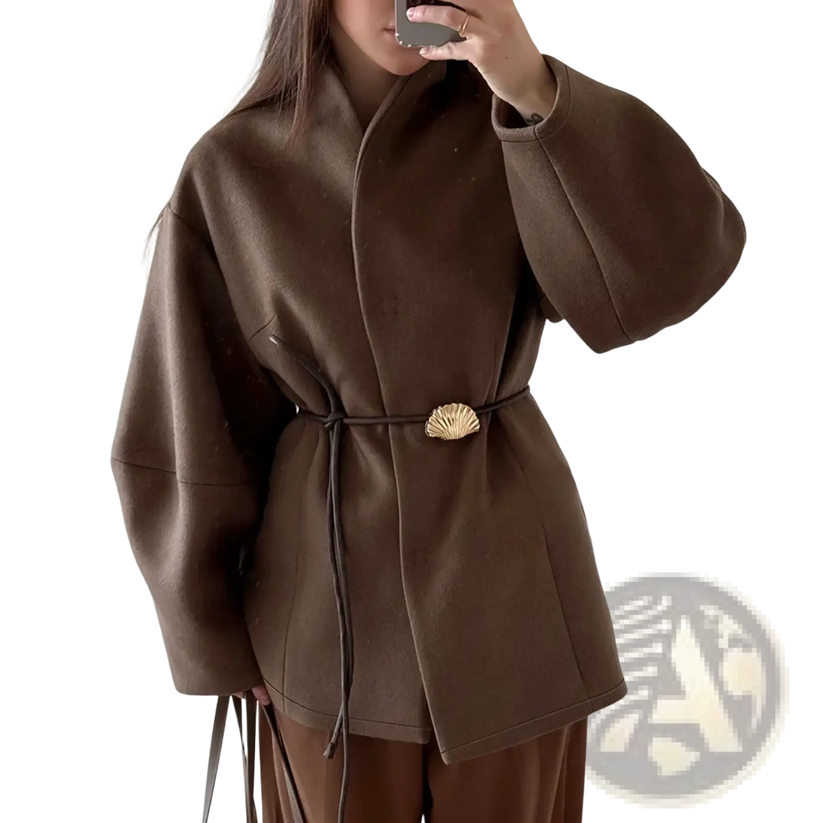 Brown wool belt coat featuring a shell-shaped gold belt buckle, combining warmth and elegant design