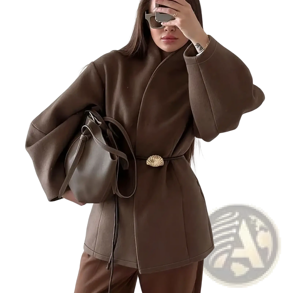 Brown wool belted coat featuring a shell-shaped metal buckle and voluminous sleeves for stylish warmth
