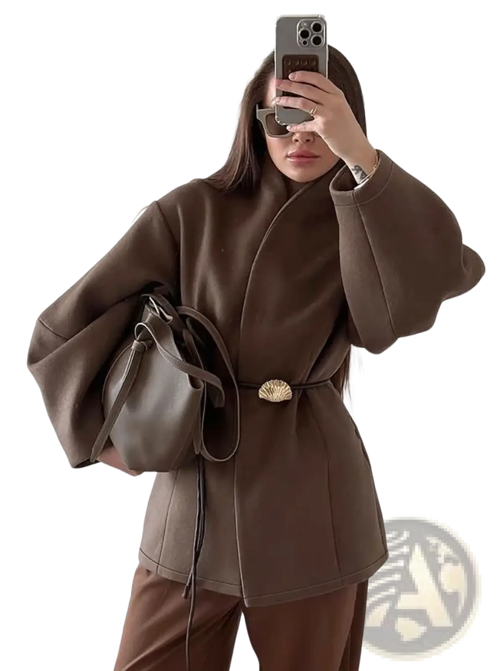 Brown wool belted coat with wide sleeves and a shell-shaped metallic buckle for stylish outerwear