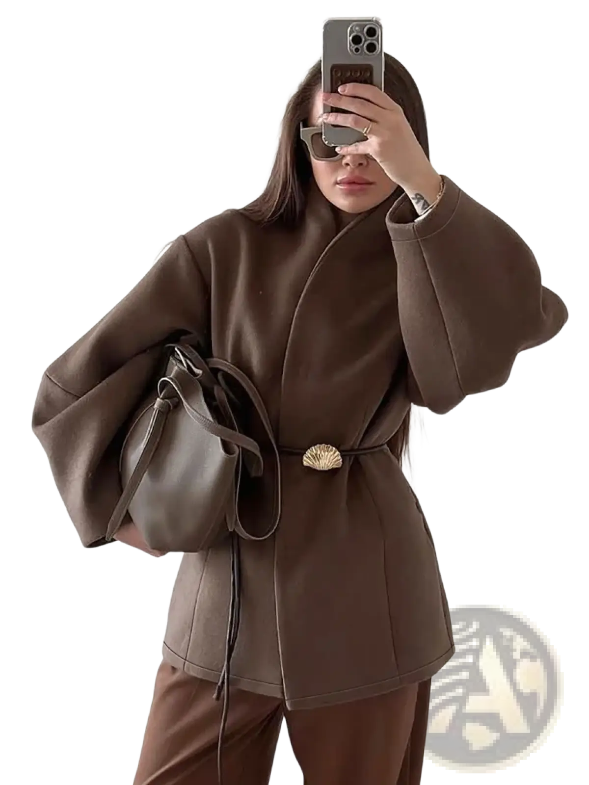 Brown wool belted coat with wide sleeves and a shell-shaped metallic buckle for stylish outerwear