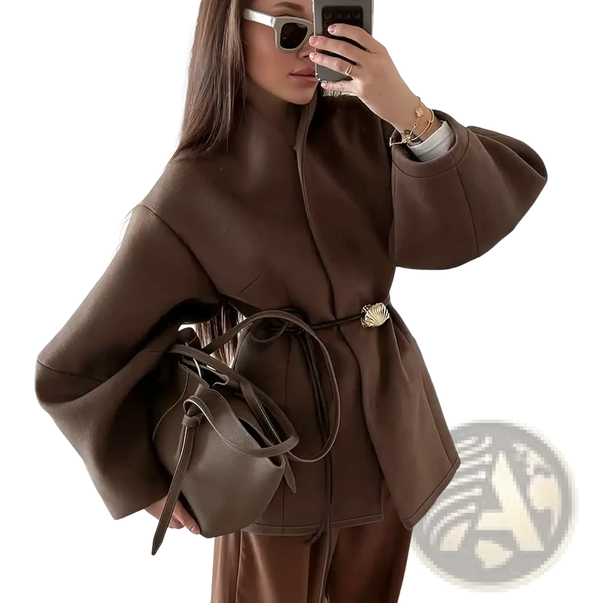 Brown wool belted coat featuring wide sleeves and a shell-shaped metal buckle for stylish outerwear wear