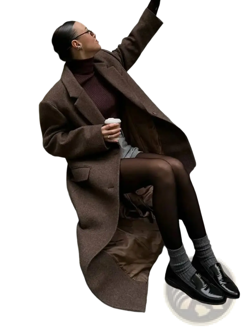 Brown wool blend overcoat for women featuring a rich brown color with a classic double-breasted design and notched lapels