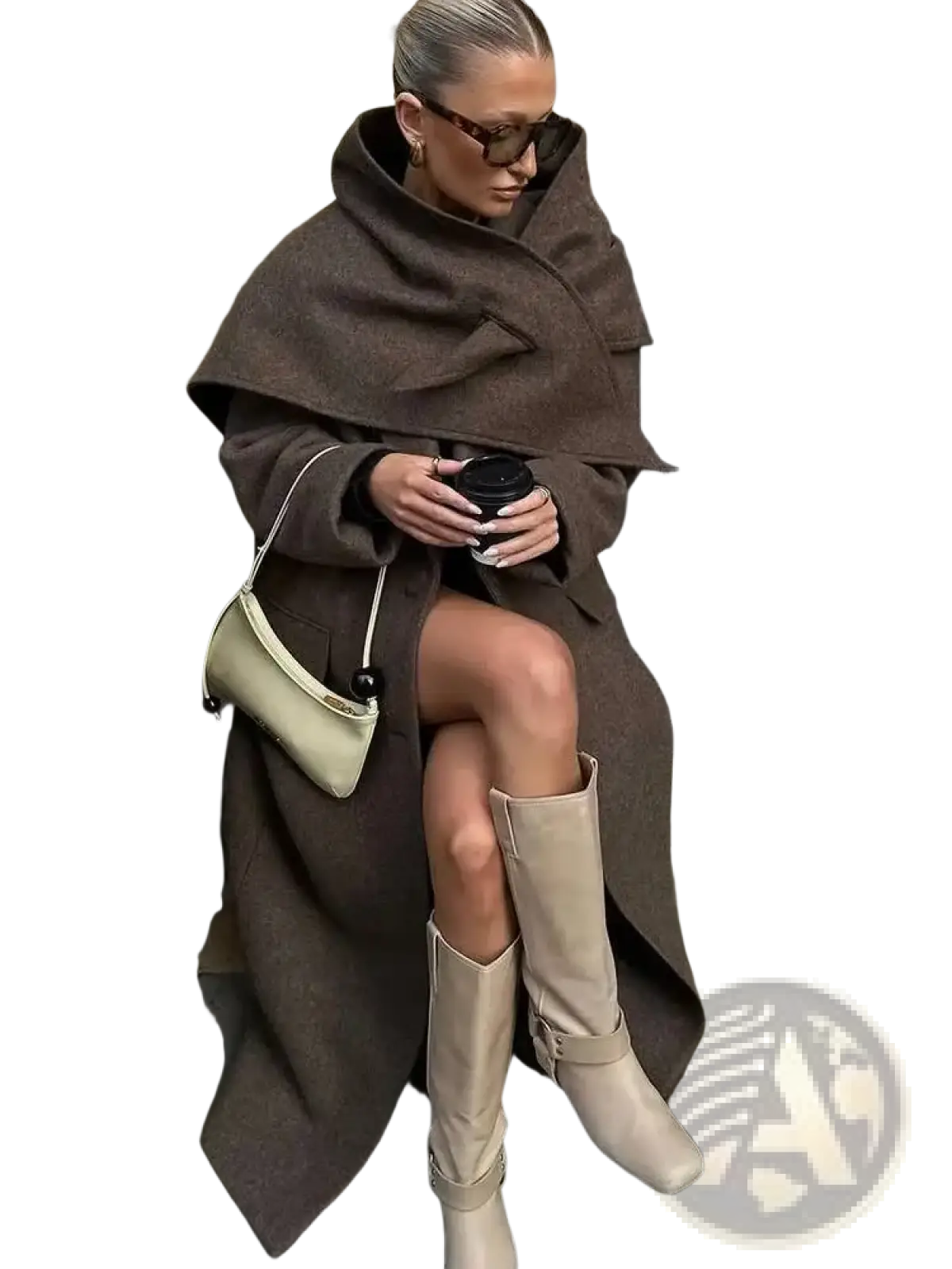 Cream-colored leather crossbody bag with minimalist design and black spherical hardware paired with brown wool blend overcoat for women