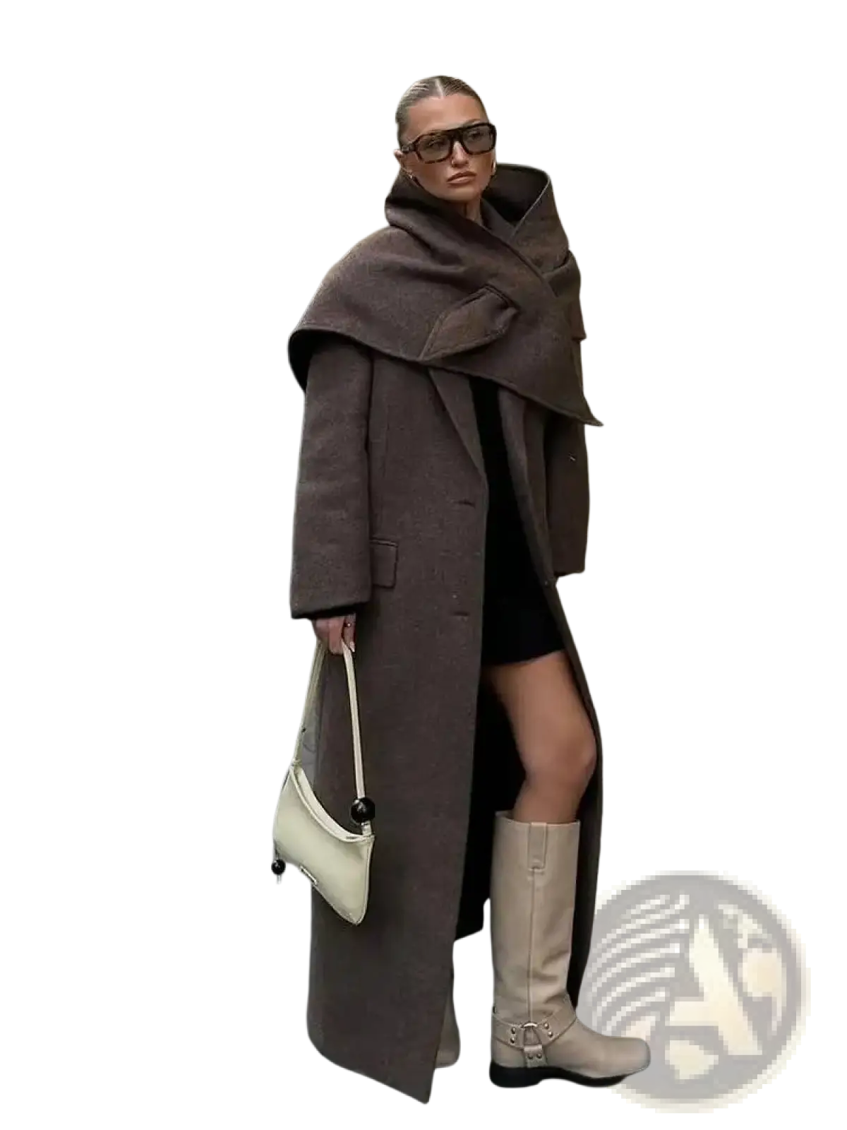 A cream-colored structured handbag with black spherical hardware complements a brown wool blend overcoat for women