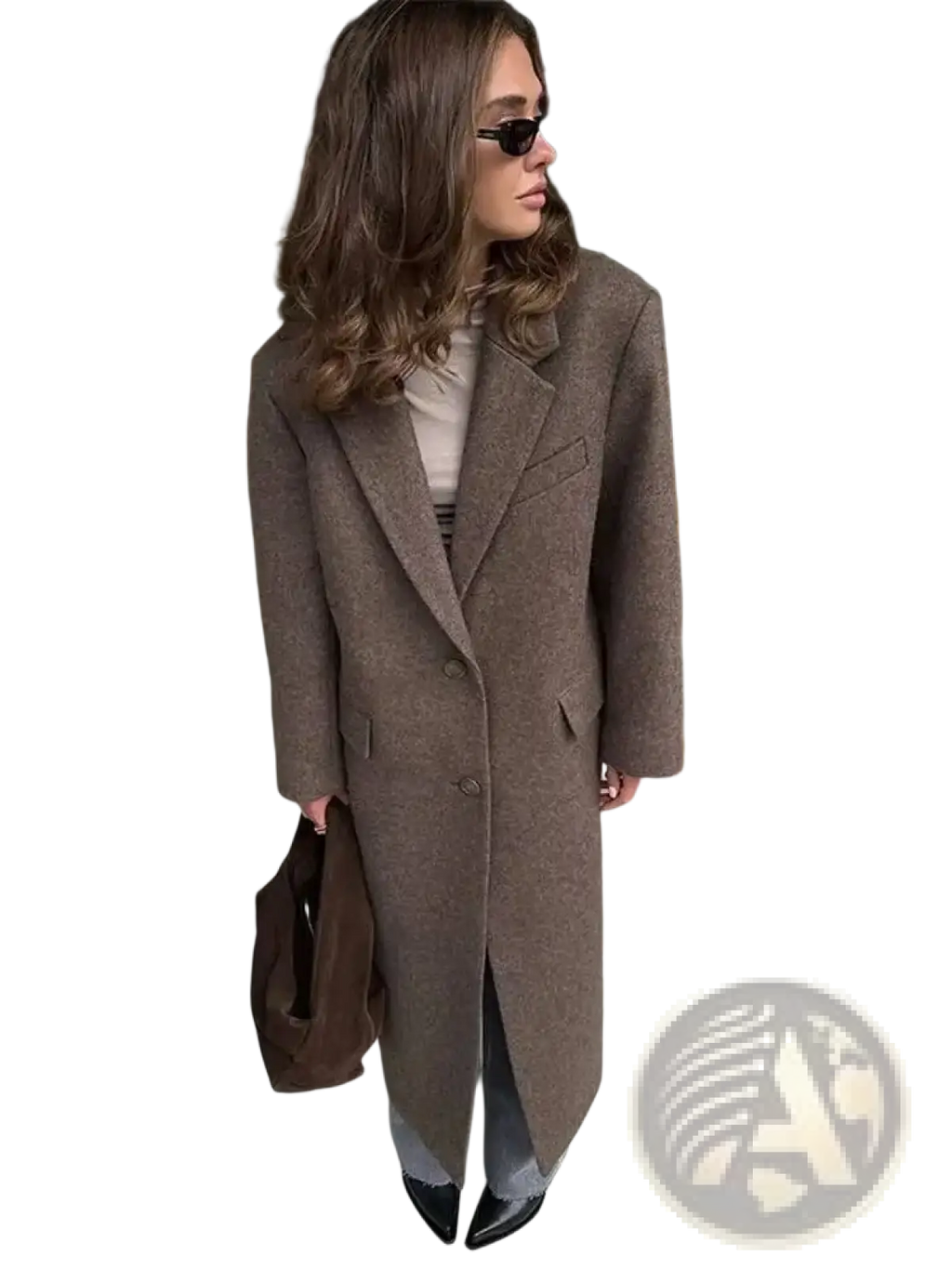 Brown wool blend overcoat for women with long textured fabric and classic double-breasted notched lapel design