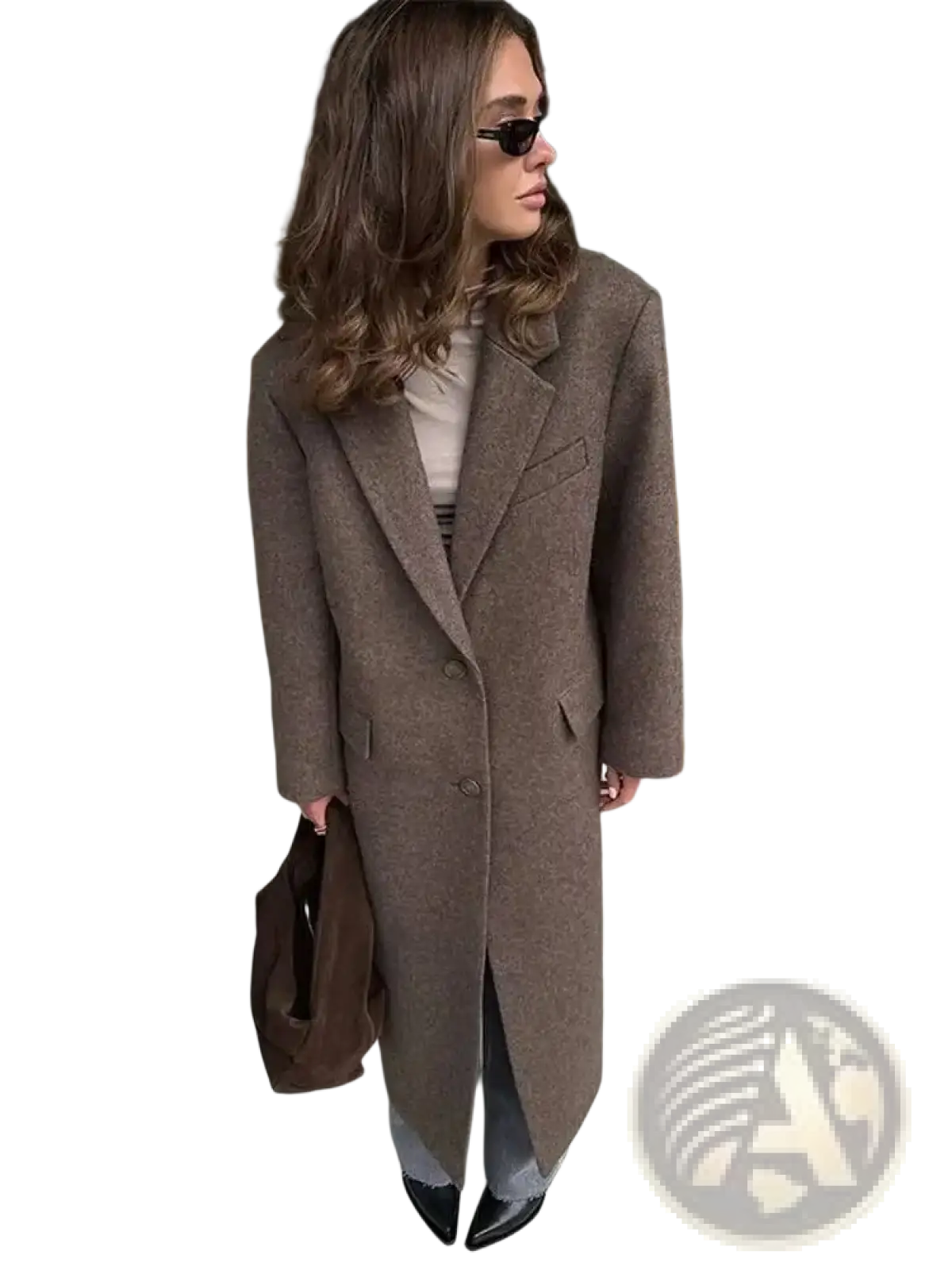 Brown wool blend overcoat for women with long textured fabric and classic double-breasted notched lapel design