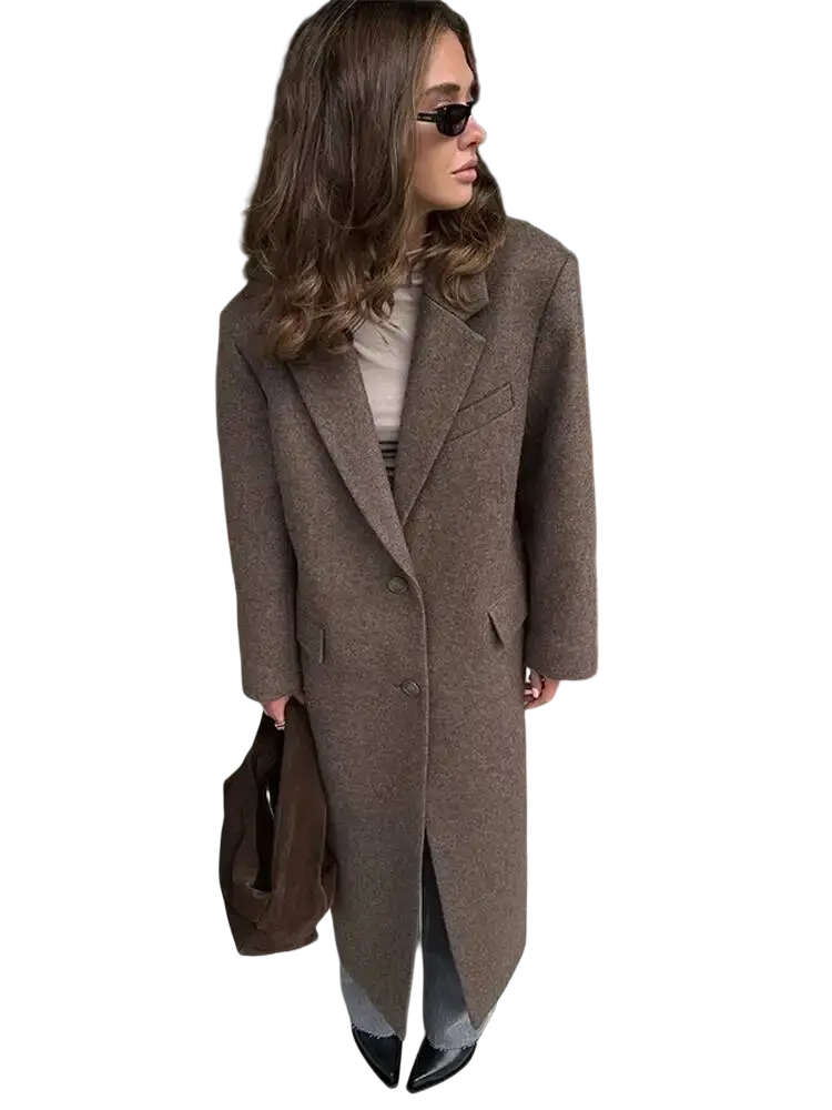 Brown wool blend overcoat for women with long textured fabric and classic double-breasted design for winter commuting