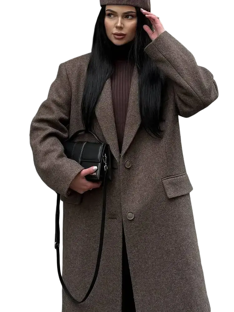 Brown wool blend overcoat for women with structured silhouette and two front buttons ideal for winter commuting