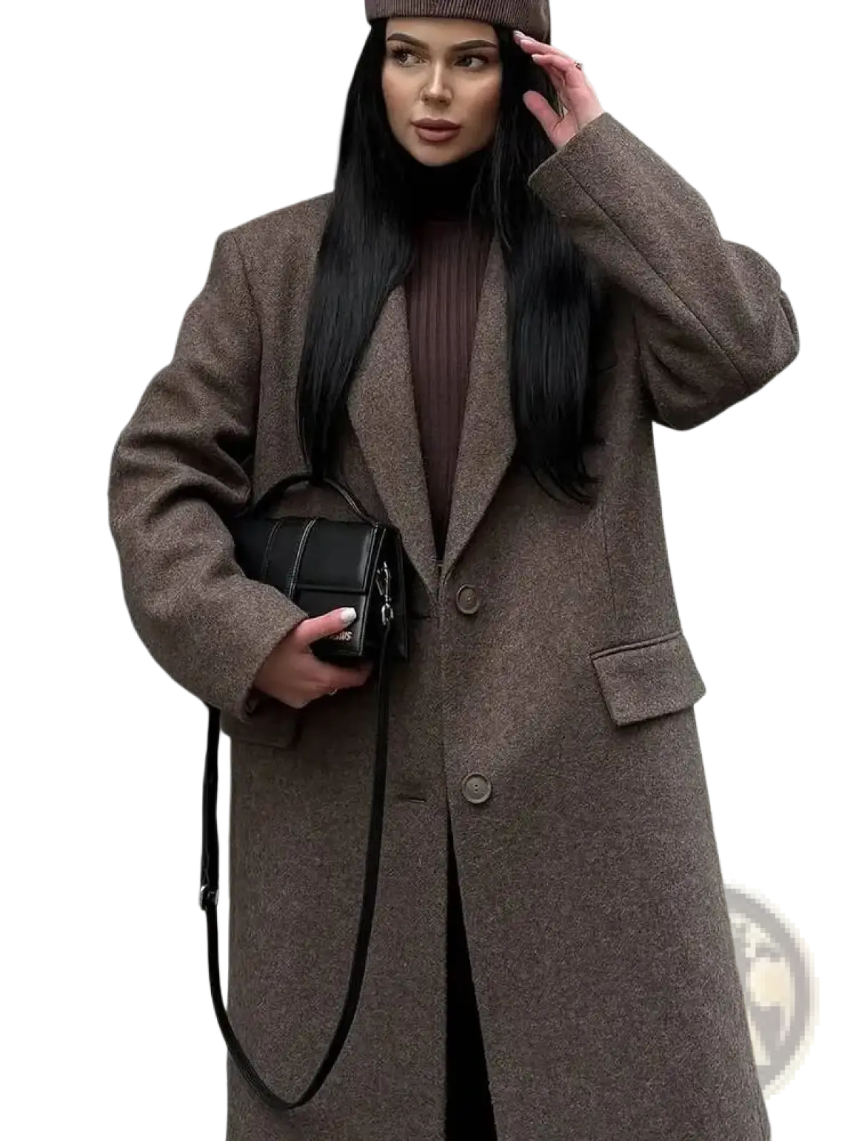 Brown wool blend overcoat for women with a structured silhouette and two front buttons