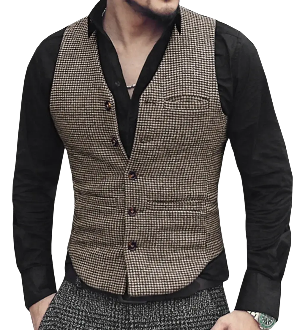 Brown wool houndstooth suit vest featuring a brown and beige pattern with dark brown buttons in wool material