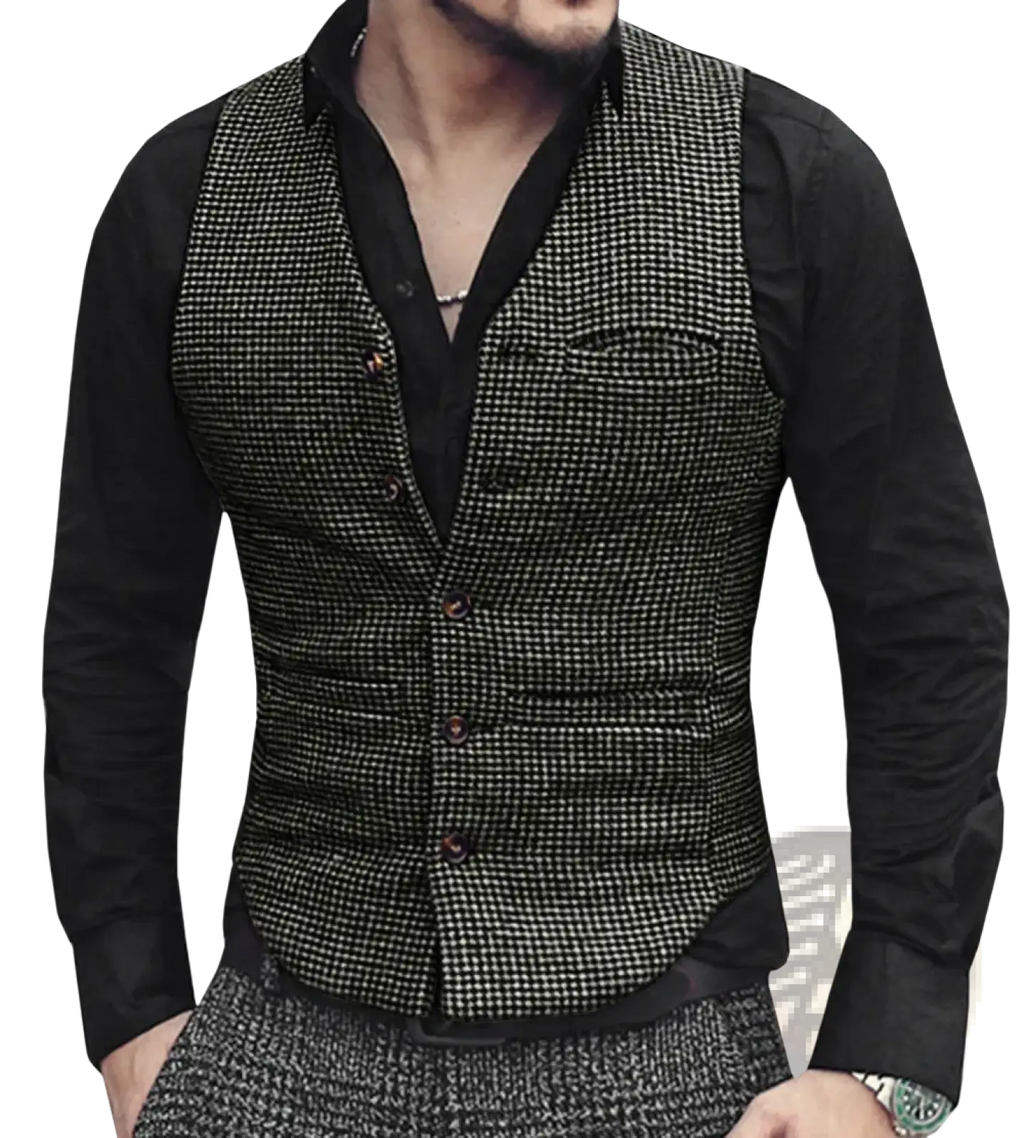 Brown wool houndstooth suit vest with black and white pattern and brown buttons in a formal wool fabric