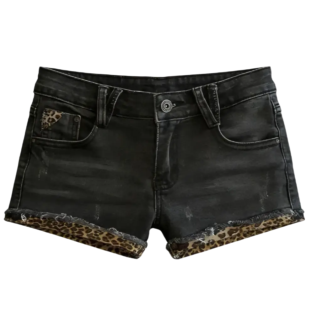 Brown Y2k denim shorts featuring black distressed denim with leopard print lining and a matching leopard belt