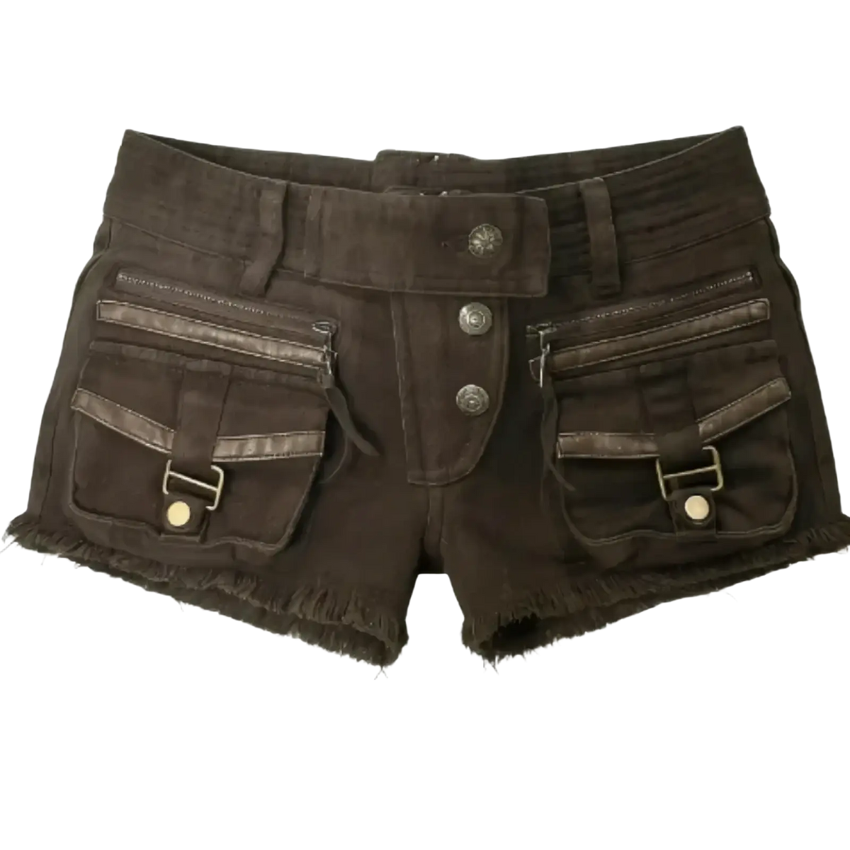 Brown y2k dark brown denim shorts with multiple pockets silver toned hardware frayed hems and leopard belt