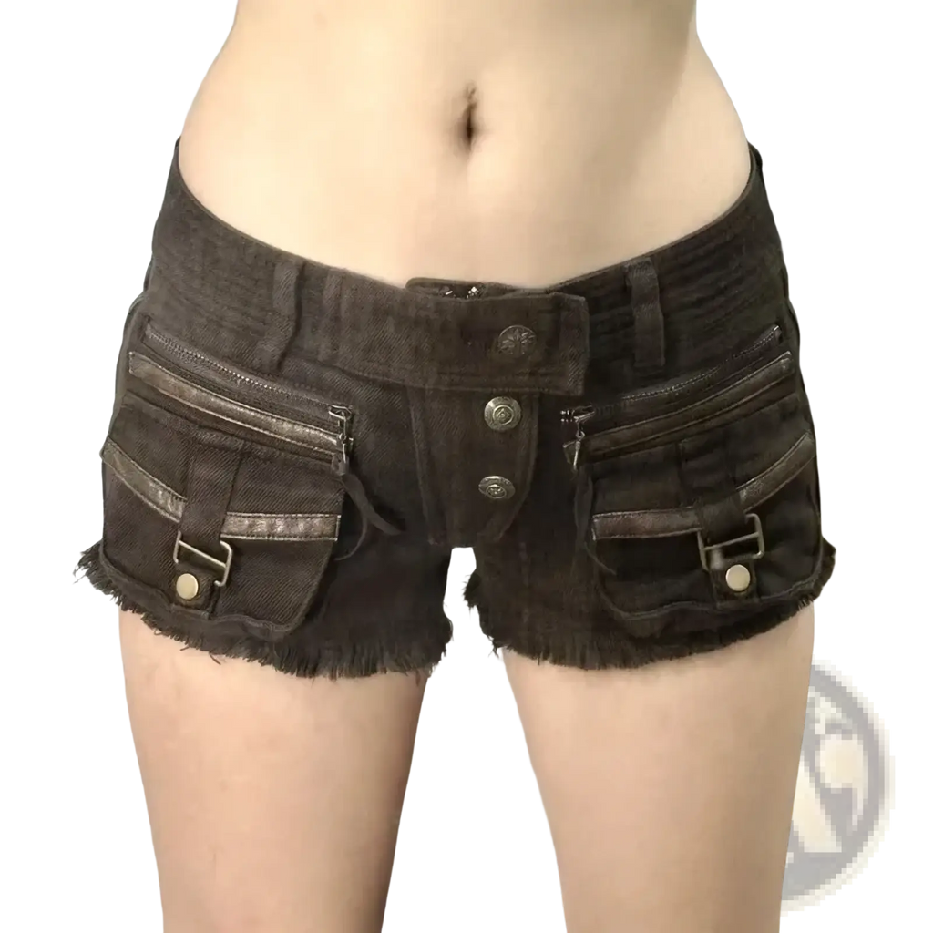 Dark brown distressed denim shorts with multiple pockets and frayed hems paired with a leopard belt