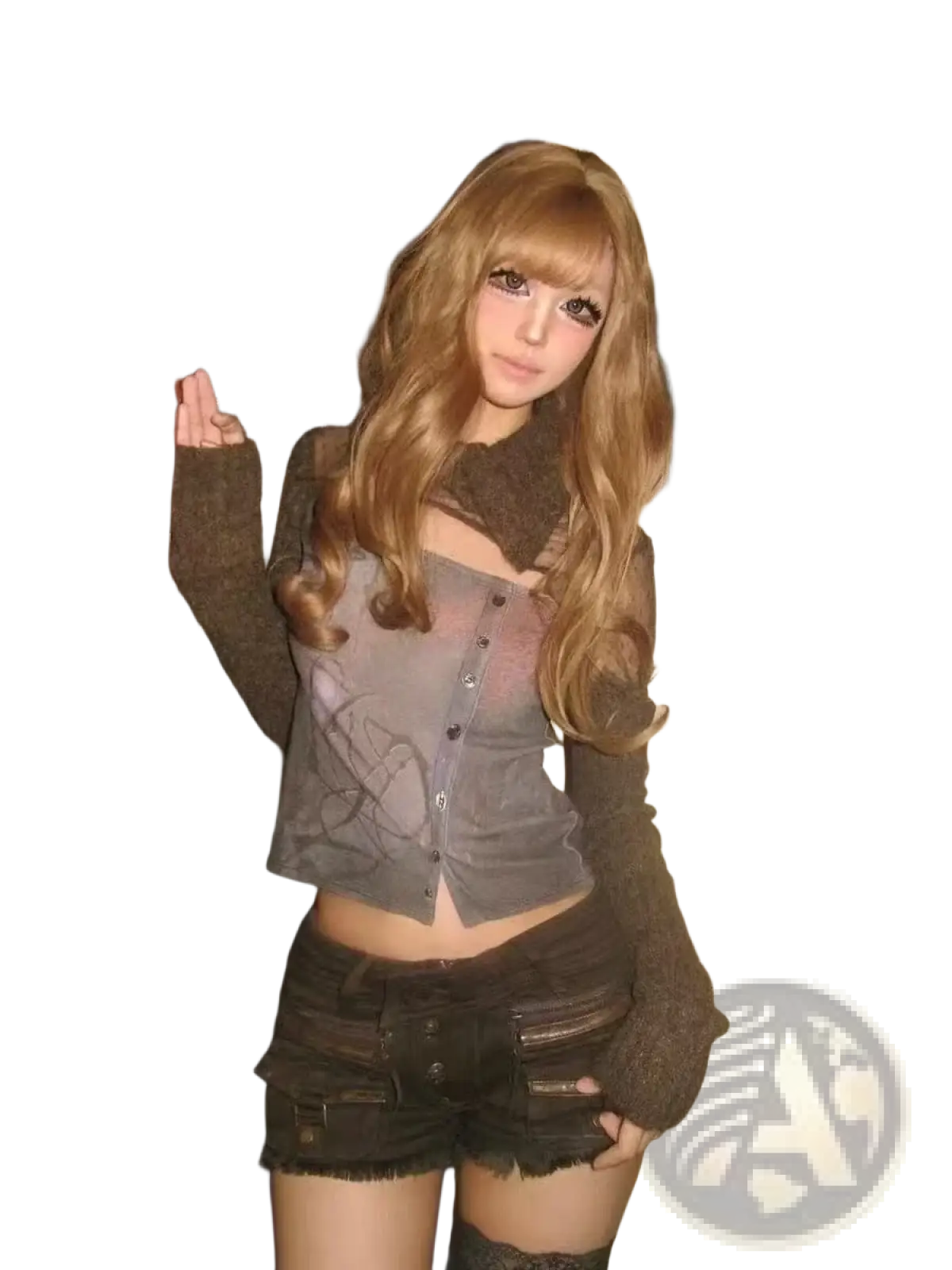 A dark gray button-front cropped top with subtle graphic design paired with brown Y2k denim shorts and leopard belt